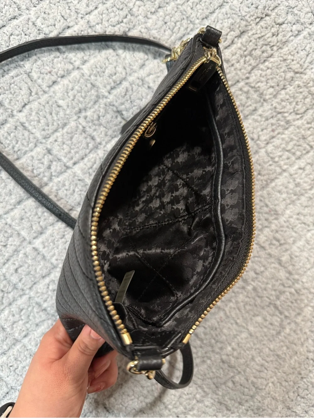 Karl Lagerfeld Black Quilted Floral Crossbody Pouch with Gold Chain